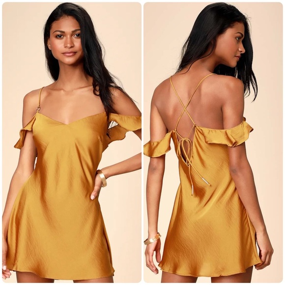 FREE PEOPLE What I Want Golden Yellow Satin Off-the-Shoulder Slip Dress (D10) - Picture 1 of 9